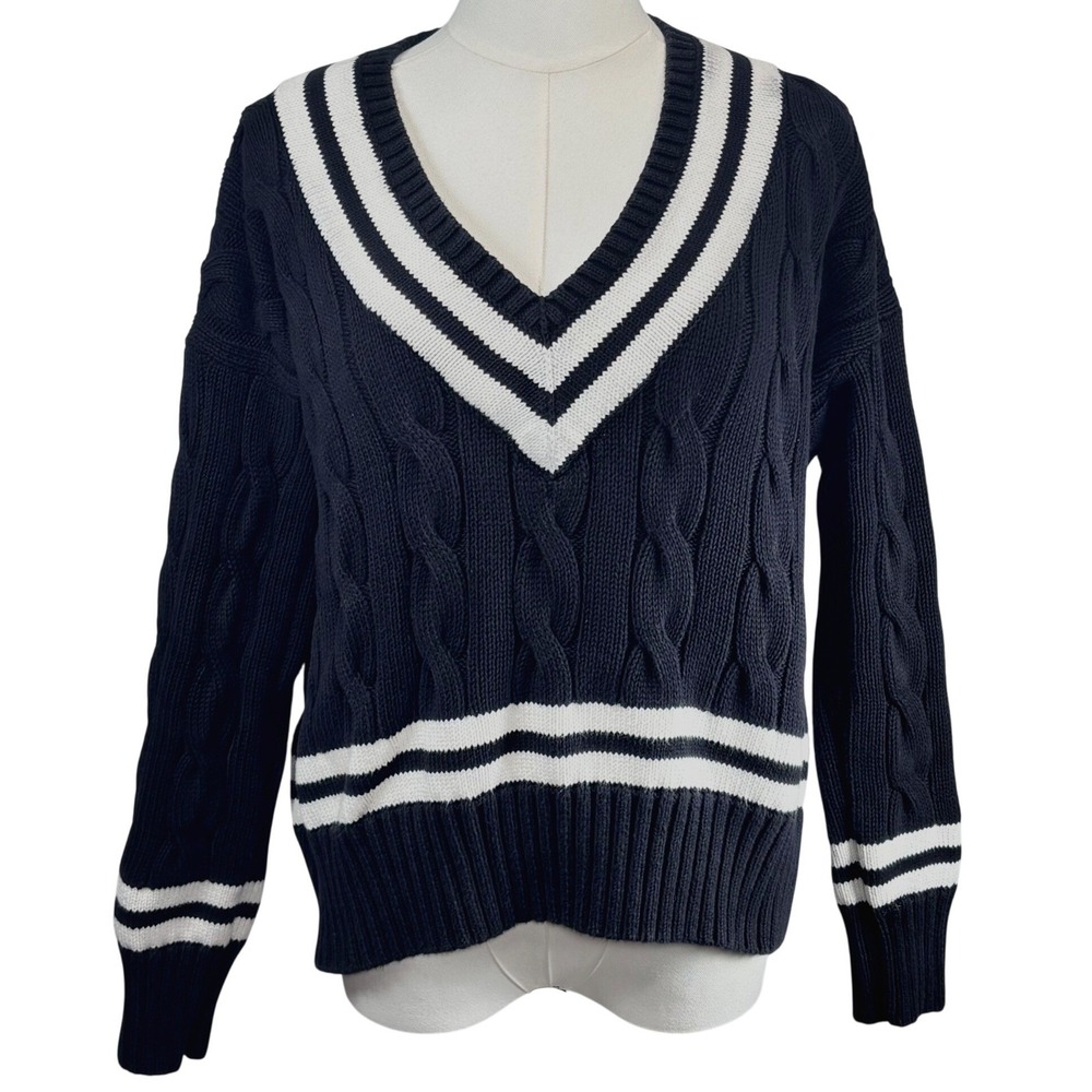 Polo Ralph Lauren Cricket Sweater Black Cable Knit V Neck Varsity Women S Petite